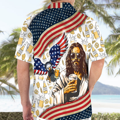 Teesdily | Jesus Eagle Beer American Flag Hawaii Shirt, Cool Jesus Beer Hawaiian Set For Men, Summer Beach Aloha Shirt, Independence Day Gifts