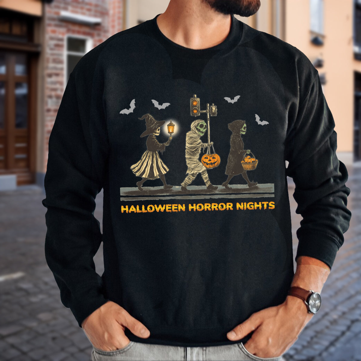 Teesdily | Halloween Horror Nights Shirt, Skeleton Witchy Halloween Sweatshirt, Pumpkin Ghost Spooky Season Hoodie Mug, Halloween Costume Gifts