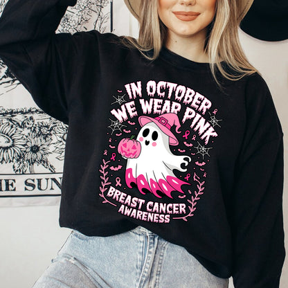 Teesdily | In October We Wear Pink Ghost Shirt, Breast Cancer Awareness Sweatshirt, In October We Wear Pumpkin, Pink Ribbon Hoodie Mug