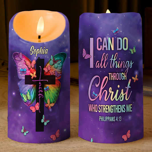 Teesdily | Customized Jesus Cross Butterfly LED Candle, I Can Do All Things Through Christ LED Candle, Religious Christmas Gift