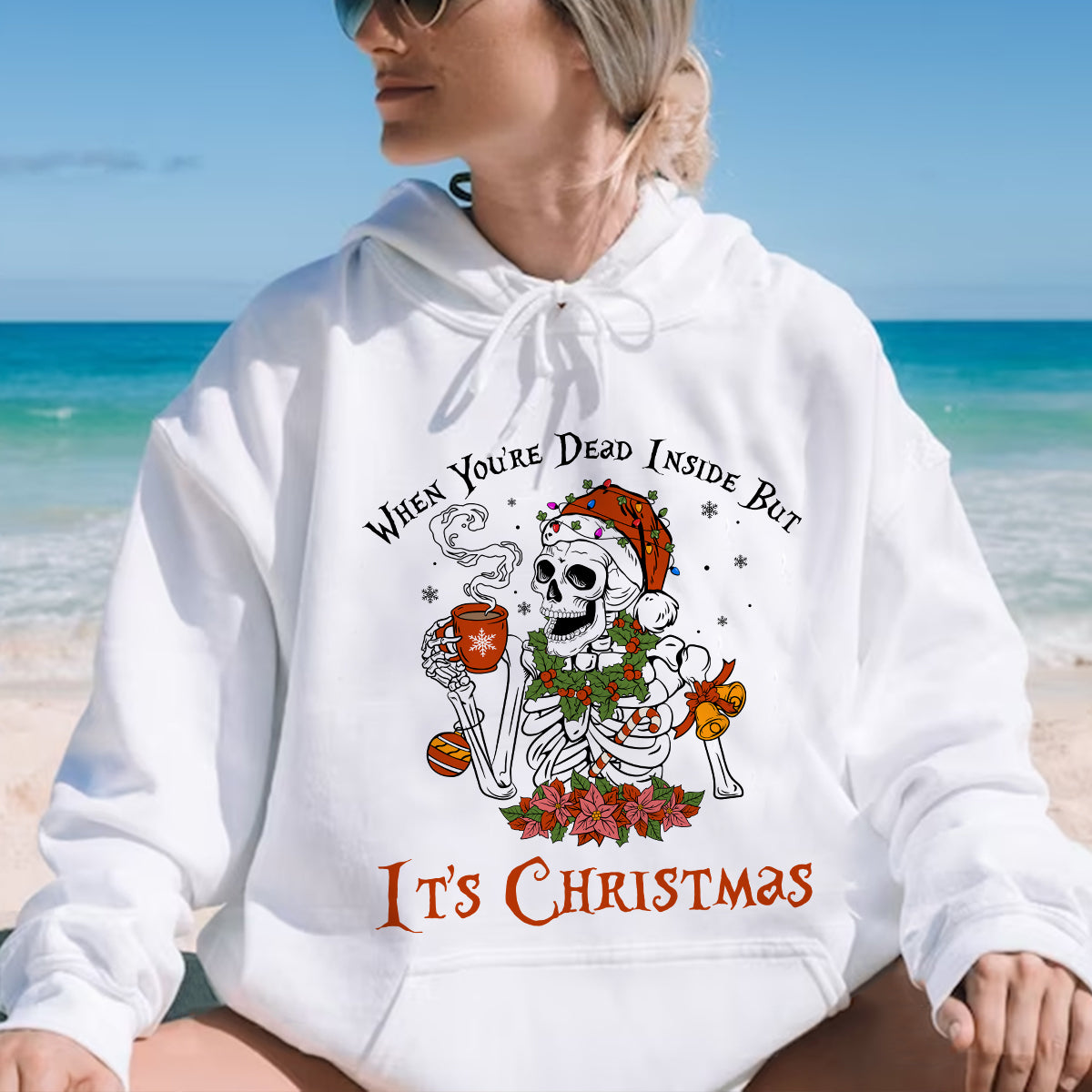 Teesdily | Christmas Skeleton Coffee Shirt, Santa Skull Dead Inside But Its Christmas Sweatshirt Hoodie Mug