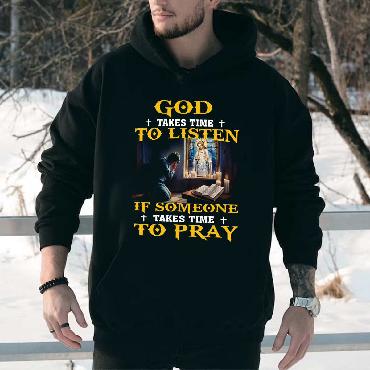 Teesdily | God Takes Time To Listen If Someone Takes Time To Pray Shirt Christian Gift Unisex Tshirt Hoodie Sweatshirt Mug