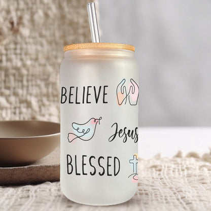 Teesdily | God Bible Verse Glass Tumbler, Christian Affirmation Frosted Glass Can, Christianity Continuous Line Symbols Coffee Cup, Religious Gifts