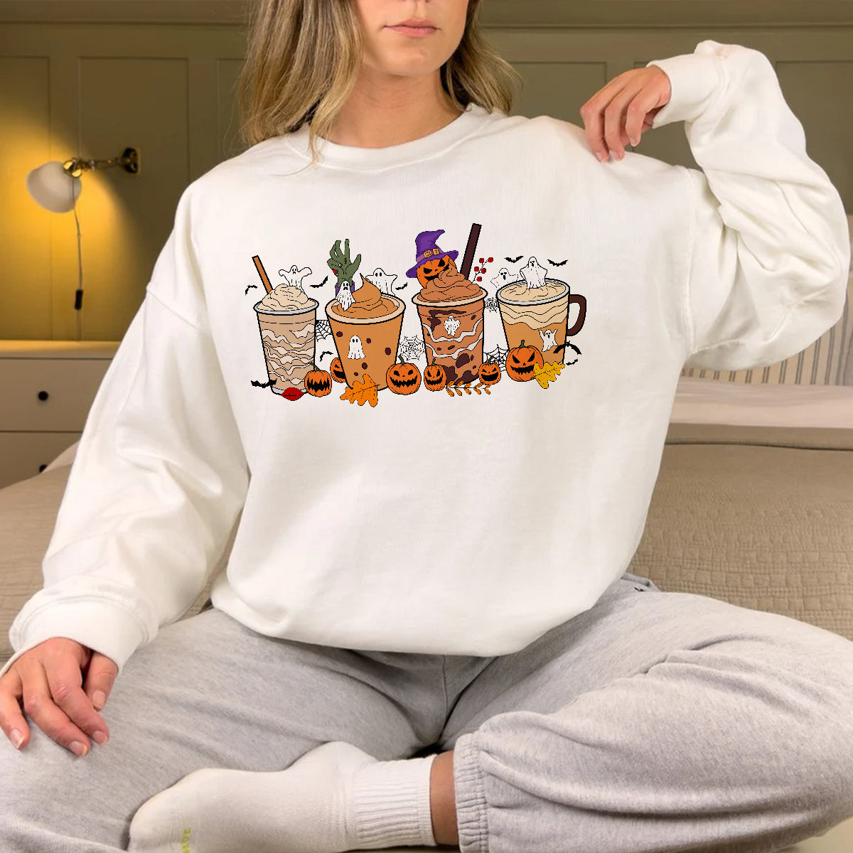 Teesdily | Halloween Coffee Pumpkin Fall Shirt, Retro Coffee Latte Pumpkin Ghost Shirt, Spooky Coffee Sweatshirt Hoodie Mug, Happy Halloween Gifts