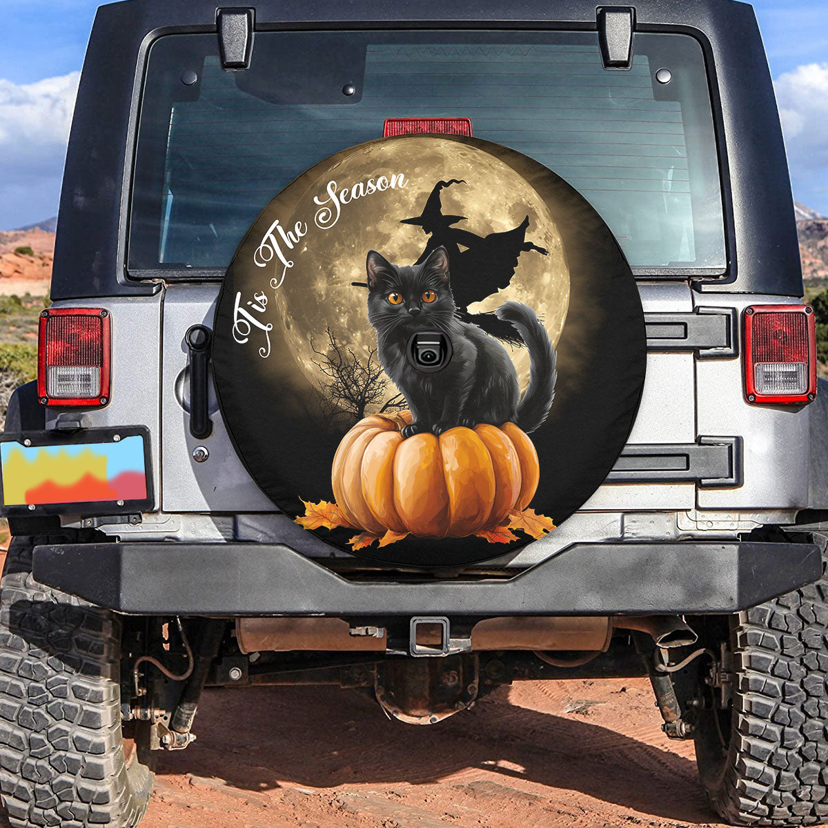 Teesdily | Black Cat Pumpkin Witch Car Spare Tire Cover, Halloween Moon Tis The Season Car Wheel Cover, Cat Lover, Car Decoration Halloween Gift