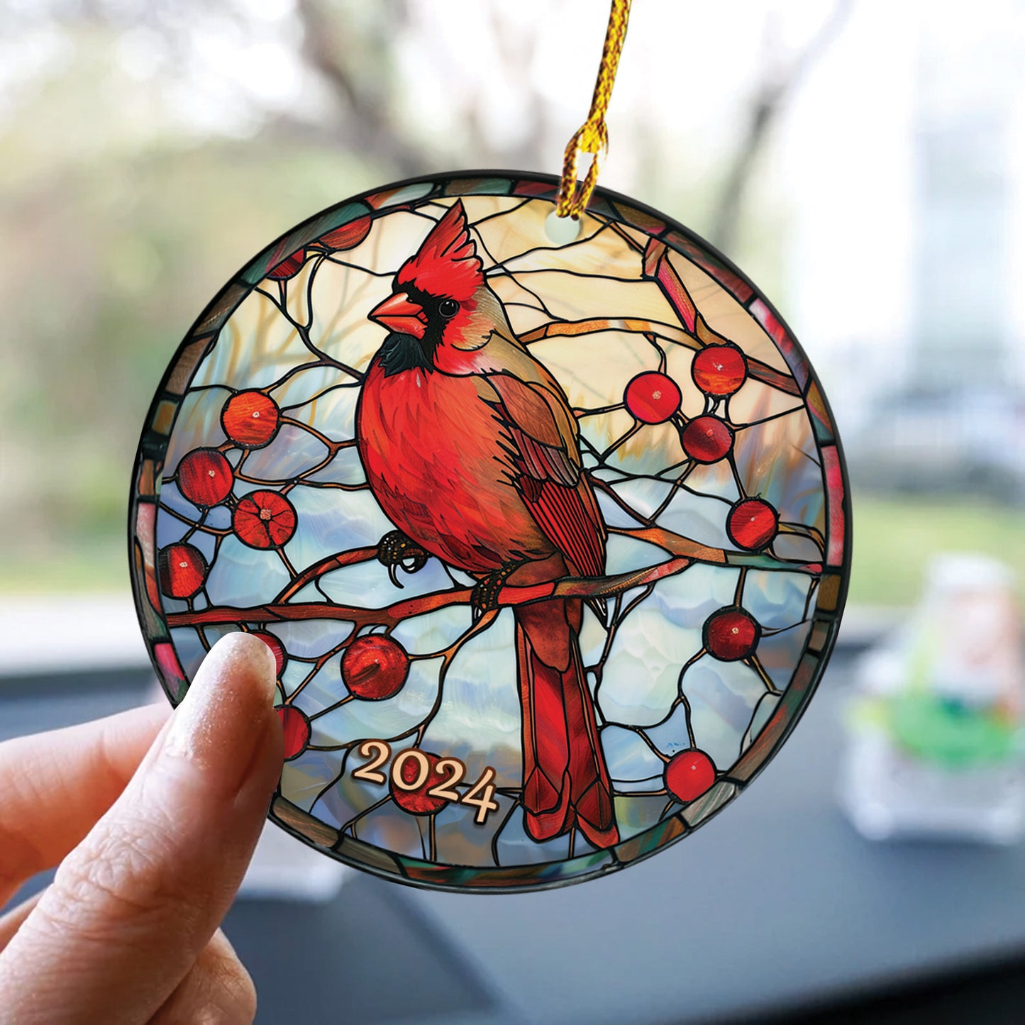 Teesdily | Christmas Cardinal Rearview Mirror Charms, Red Bird Stained Glass Print Rear View Mirror Hanging, Christmas Tree Decoration, Xmas Gifts