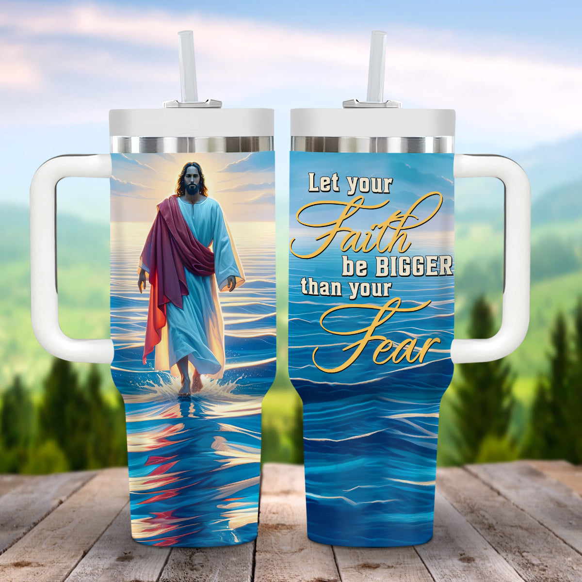 Teesdily | Jesus Beach Walking 40 oz Tumbler With Handle, Let Your Faith Be Bigger Insulated Tumbler, God Faith Believers Inspirational Gifts