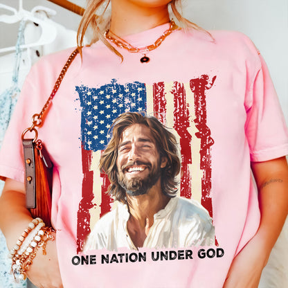 Teesdily | Jesus American Flag Shirt, One Nation Under God Sweatshirt, Christ God Hoodie, Jesus Mug Cup, Happy Independence Day, Gift For Jesus Lover