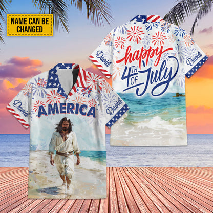 Teesdily | Customized Jesus America Beach Hawaiian Shirt, Happy 4th Of July Hawaii Set, Independence Day Gift, US Flag Pride Aloha Set Summer For Men