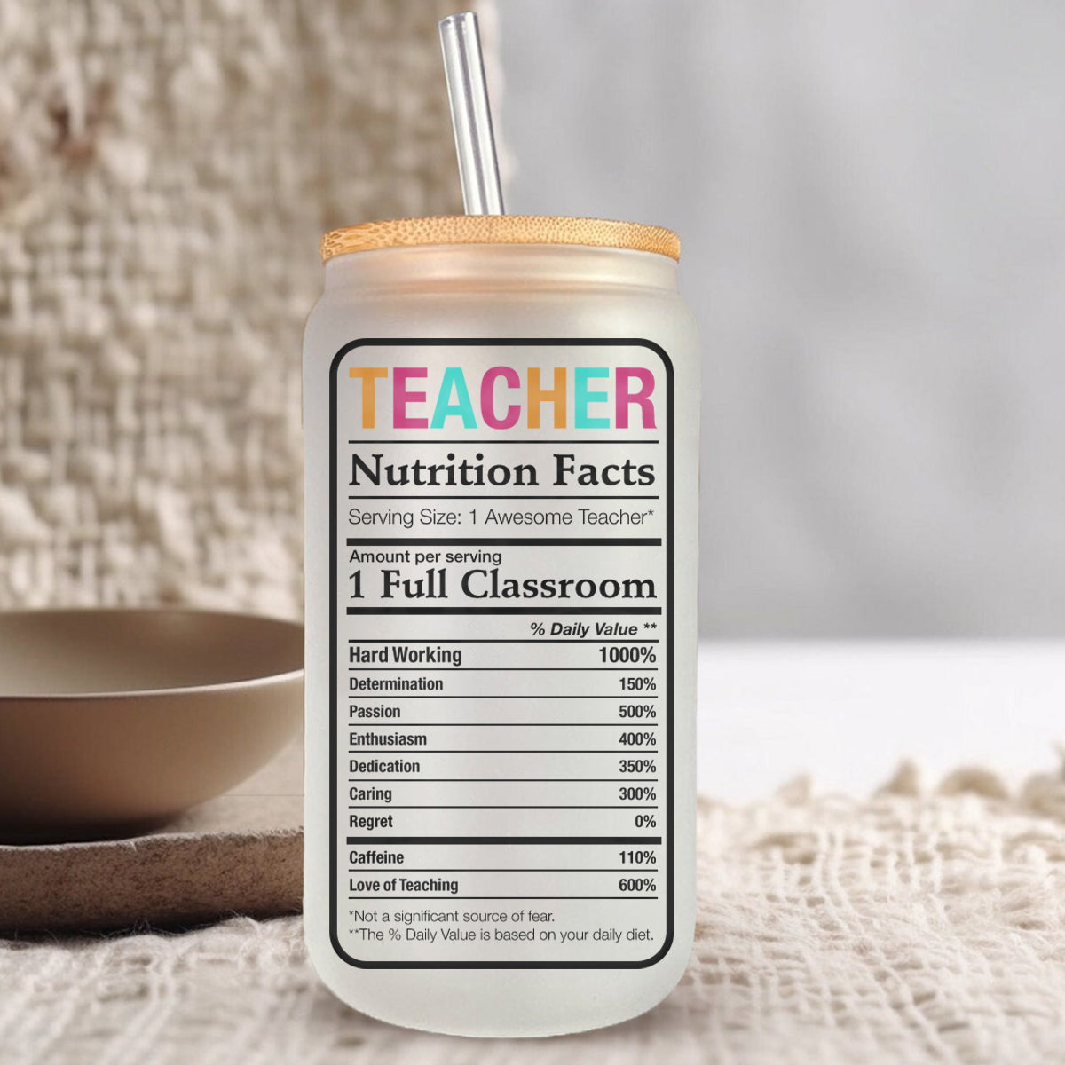 Teesdily | Teacher Life Rainbow Personalized Glass Can, Teacher Nutrition Facts Frosted Glass Can, Teacher Appreciation Glass Can With Straw Gifts