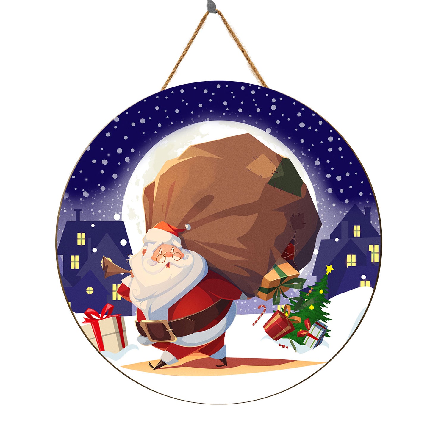 Teesdily | Customized Santa Claus Round Wood Sign Merry Christmas Home Decoration Wood Sign Christmas Gift Front Door Welcome Personalized Gift