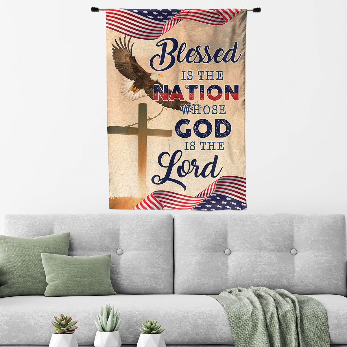 Teesdily | God Cross Eagle American Flag, Blessed Is The Nation House Flag, Independence Day Home Decor, Christian Garden Flag, God Lover Gifts