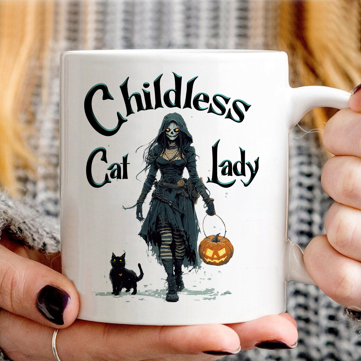 Teesdily | Childless Cat Lady Shirt, Halloween Pumpkin Witch And Cat Sweatshirt, Witchy Black Cat Hoodie Mug, Skeleton Witch T-shirt