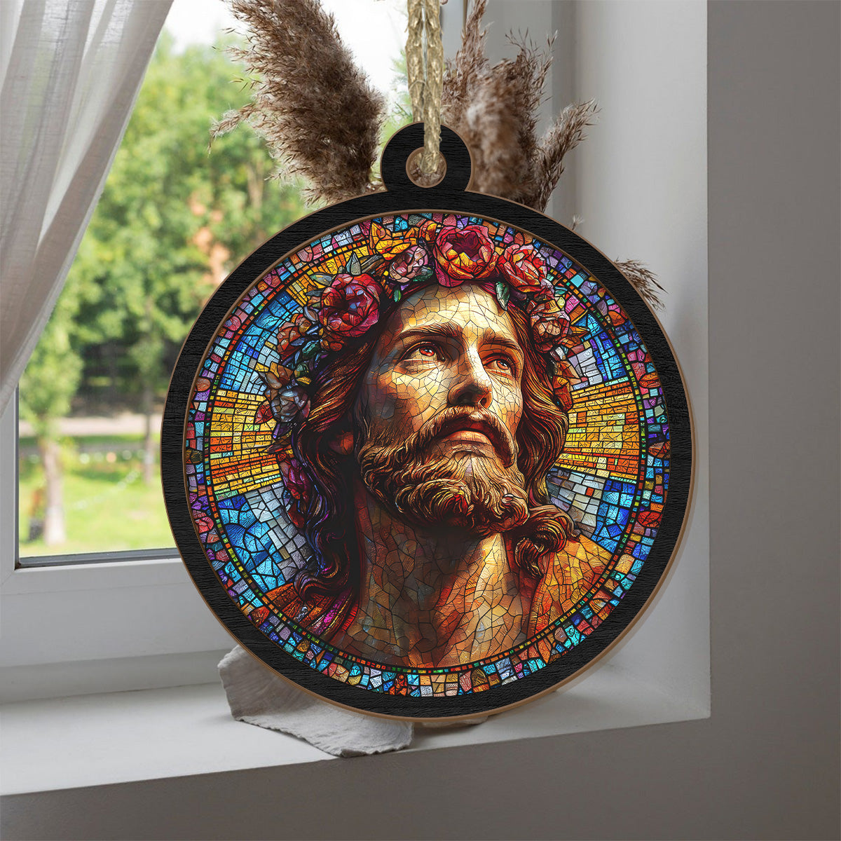 Teesdily | Jesus Flower Suncatcher, Jesus Christ Suncatcher Christmas Decor Hanging, God Faith Floral Stain Glass Suncatcher, Jesus Lover Gift