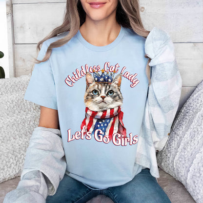 Teesdily | Childless Cat Lady Shirts, Queen Cat American Flag Sweatshirt, Comma La Hoodie, Ka-meow-la T-shirt, Let's Go Girls Cat Mom