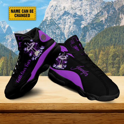 Teesdily | Customized Purple Jesus Cross Butterfly Basketball Shoes, Faith Over Fear Christian Running Shoes Christmas Gift