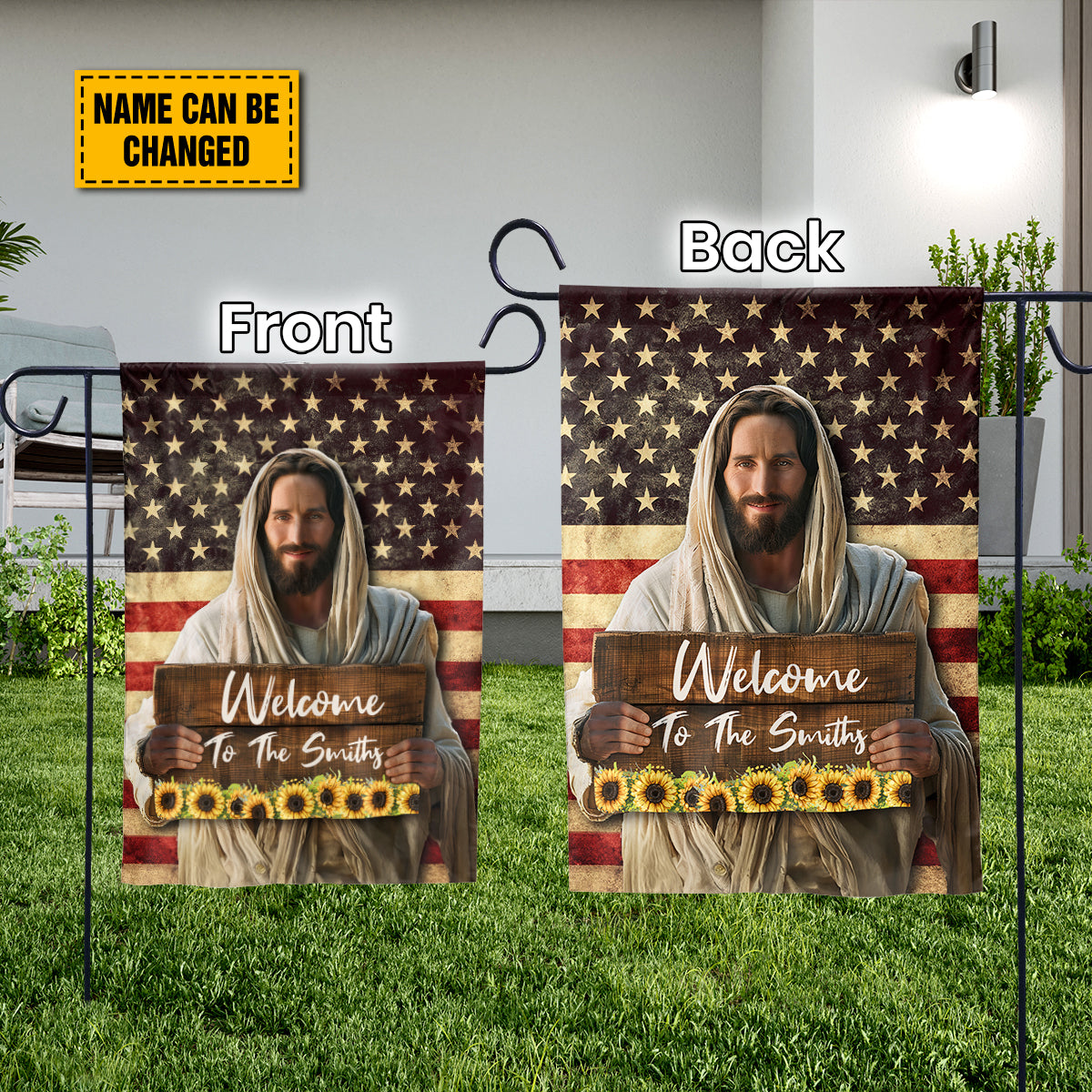 Teesdily | Customized Jesus Sunflower American Flag House, Welcome Home Flag Banner, Happy Independence Day, Jesus Lover Gifts, Patriotic Garden Flag