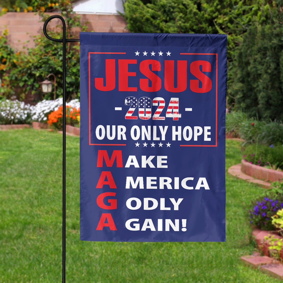 Teesdily | American Flag Jesus Christ House Flag, Jesus 2024 Our Only Hope Make America Godly Again Garden Flag, Patriotic Flag, Outdoor Decor Gifts