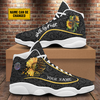 Teesdily | Sunflower Walk By Faith Personalized Basketball Shoes, I Can Do All Things Through Shoes With Thick Soles, Spiritual Gifts For Women