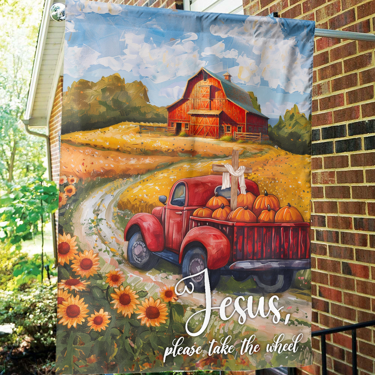 Teesdily | Jesus Take The Wheel House Flag, Jesus Christ Thanksgiving Garden Flag, Pumpkin Sunflower Autumn Flag, Farmhouse Seasonal Outdoor Decor