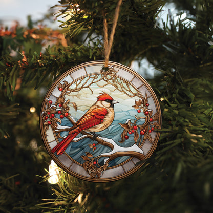 Teesdily | Cardinal Stained Glass Print Ceramic Ornament, Cardinal Bird Art Acrylic Ornament, Jesus Christ Theme Car Ornaments, Christmas Gifts