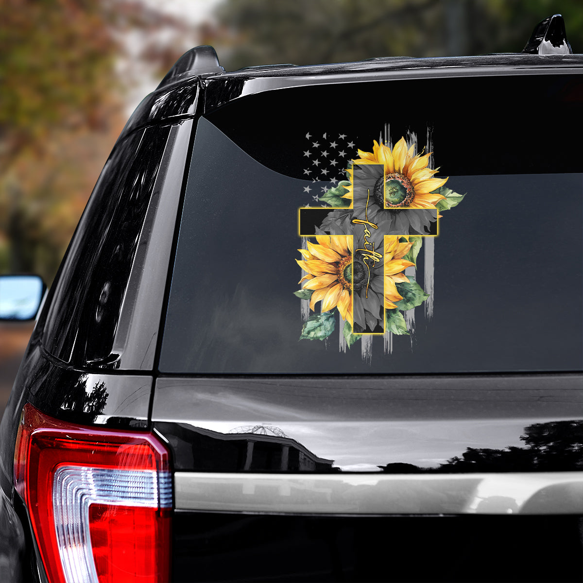 Teesdily | Faith Sunflower Car Decal Sticker, God Faith Usa Flag Car Decal, Independence Day Car Decor, Christian Gifts Car Vinyl Decal