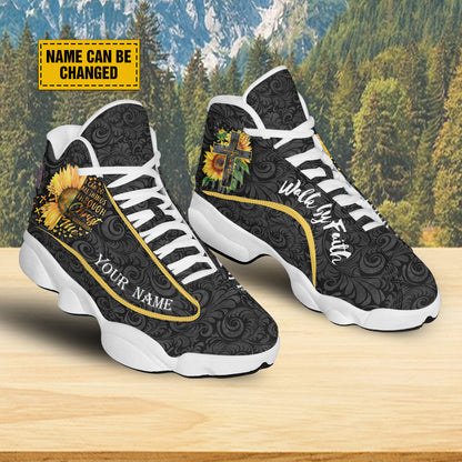 Teesdily | Sunflower Walk By Faith Personalized Basketball Shoes, I Can Do All Things Through Shoes With Thick Soles, Spiritual Gifts For Women