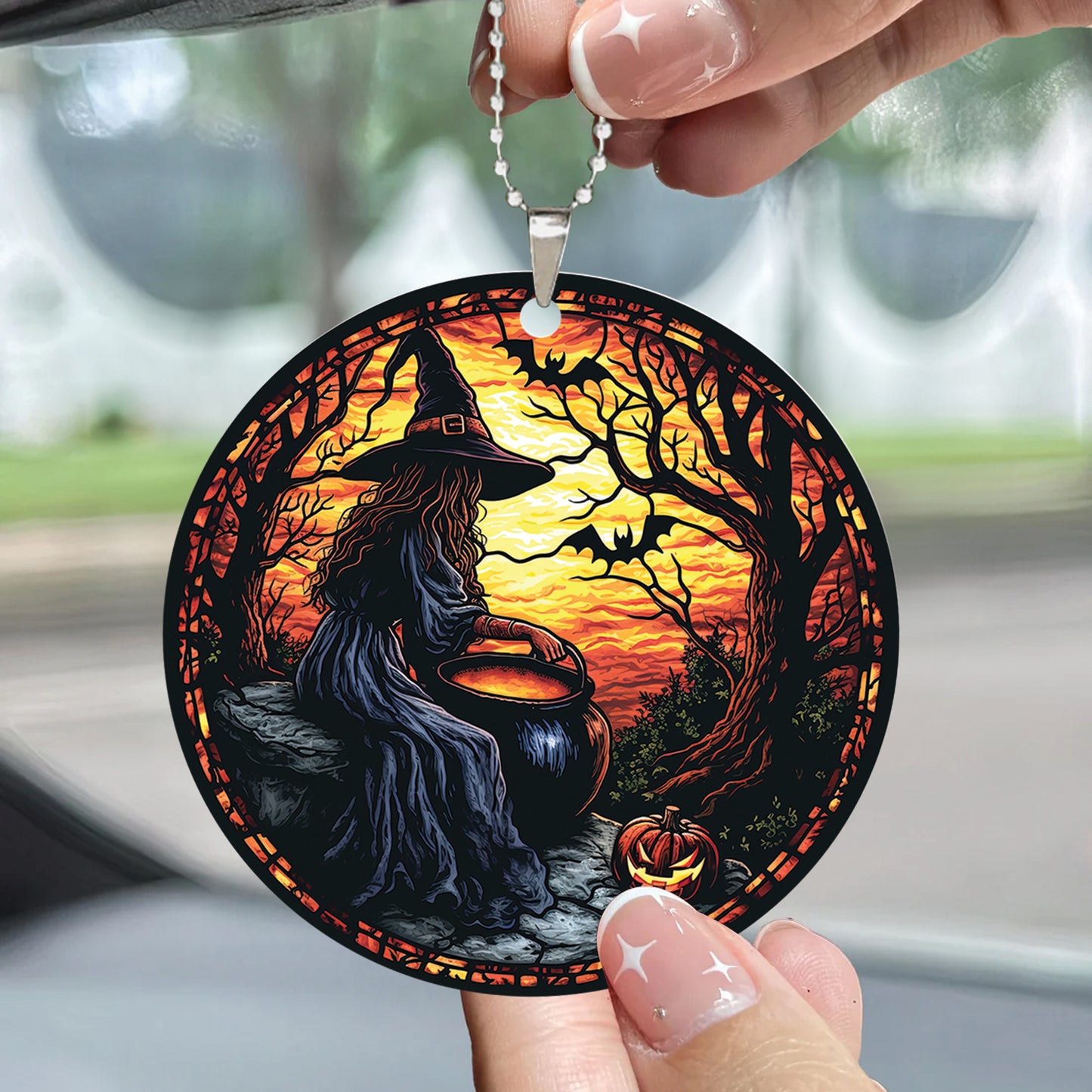 Teesdily | Halloween Witch Ornament Car Hanging, Pumpkin Pot Of Poison Car Rear View Mirror Accessories, Happy Halloween Gift, Halloween Home Decor