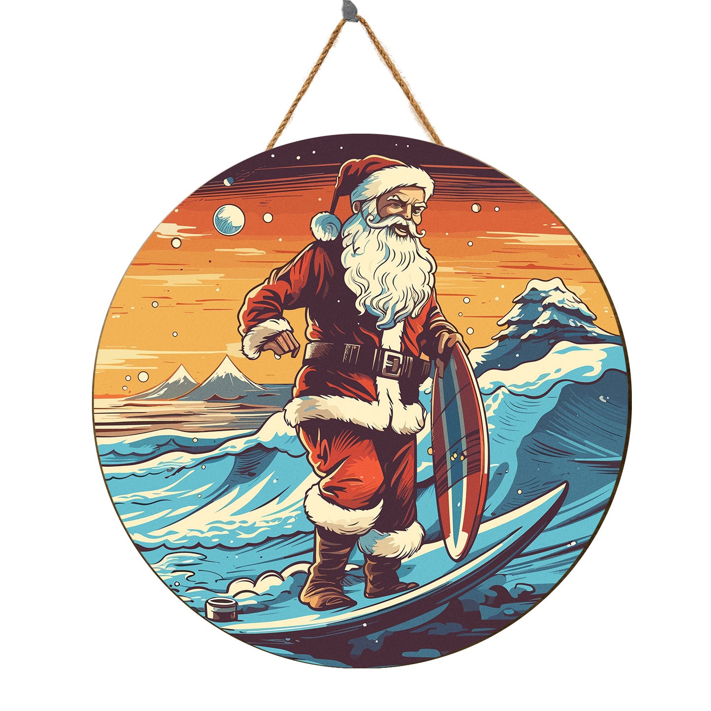 Teesdily | Customized Santa Claus Summer Surfing Christmas Wood Sign Surfing Lover Summer Holiday Home Decoration