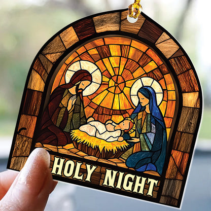 Teesdily | Jesus O Holy Night Christmas Ornament, Jesus Christ Nativity Stained Glass Print Ornament 2D, Holy Family Ornament Xmas