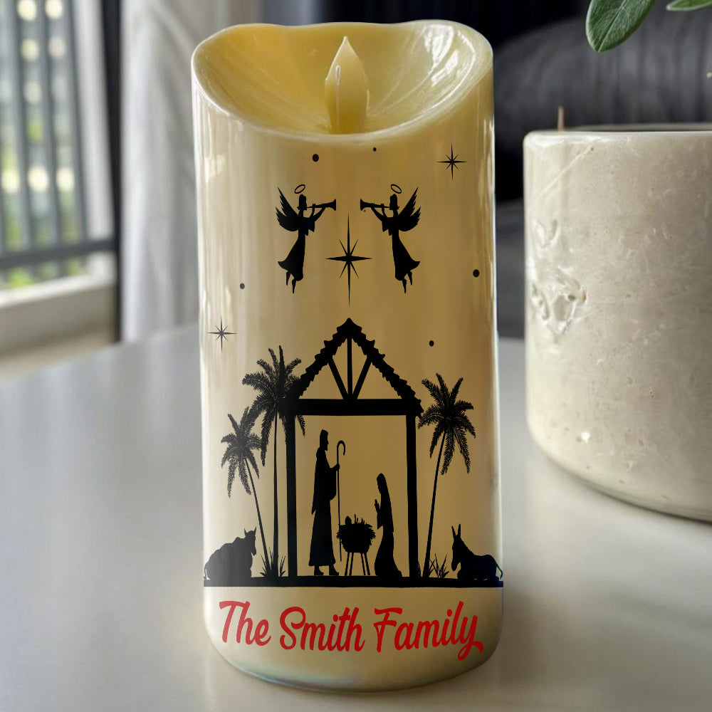 Teesdily | Customized Jesus Nativity Led Candle, Believe Like Mary, Love Like Jesus Flameless Candle, Jesus Christmas Gift