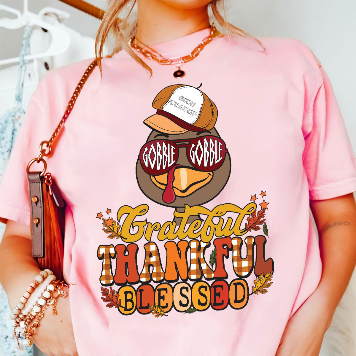 Teesdily | Happy Thanksgiving Turkey Shirt, Gobble Gobble Give Thanks Thankful Blessed Tee Sweatshirt Hoodie Mug, Thanksgiving Tee