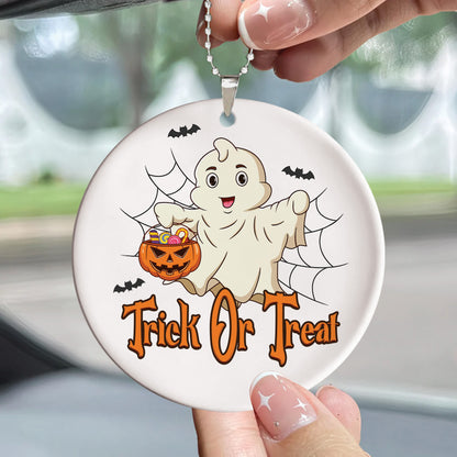 Teesdily | Cute Ghost Halloween Car Ornament, Trick Or Treat Ceramic Car Hanging Ornament, Halloween Ornament Decor, Happy Halloween Gift