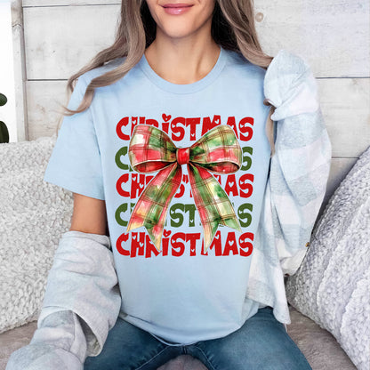 Teesdily | Christmas Coquette Bow Shirt, Coquette Christmas Sweatshirt, Christmas Bow Sweater, Holiday Hoodie, Retro Christmas Gift