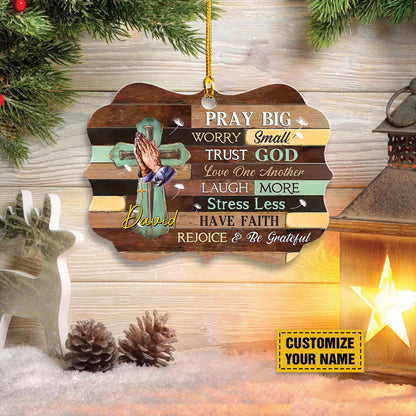 Teesdily | Customized Jesus Cross Hands Praying Ornament, Pray Big Worry Small Trust God Love One Another Ornaments Jesus Lovers Gifts, Christmas Decoration