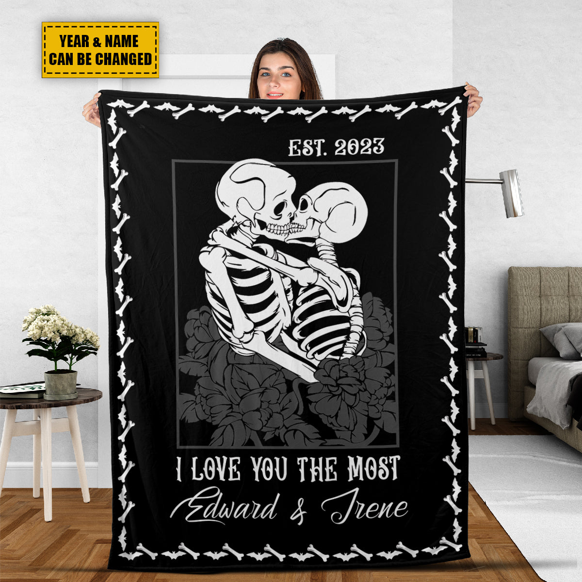 Teesdily | Skull Couple Personalized Fleece Blanket I Love You The Most Sofa Blanket Halloween Throw Spooky Skull Decor Goth Halloween Custom Gifts