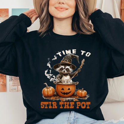 Teesdily | Time To Stir The Pot Witch Halloween Shirt, Funny Raccoon Witch Retro Halloween Sweatshirt, Spooky Season Hoodie Mug Gift