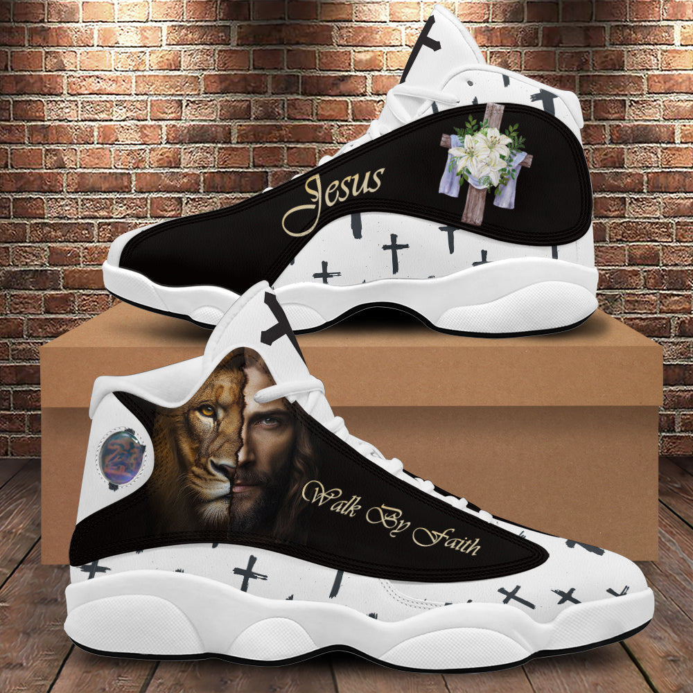 Teesdily | Jesus Lion Walk By Faith Basketball Shoes, Christian Flower Cross Running Shoes, Religious Gift For Jesus Lovers