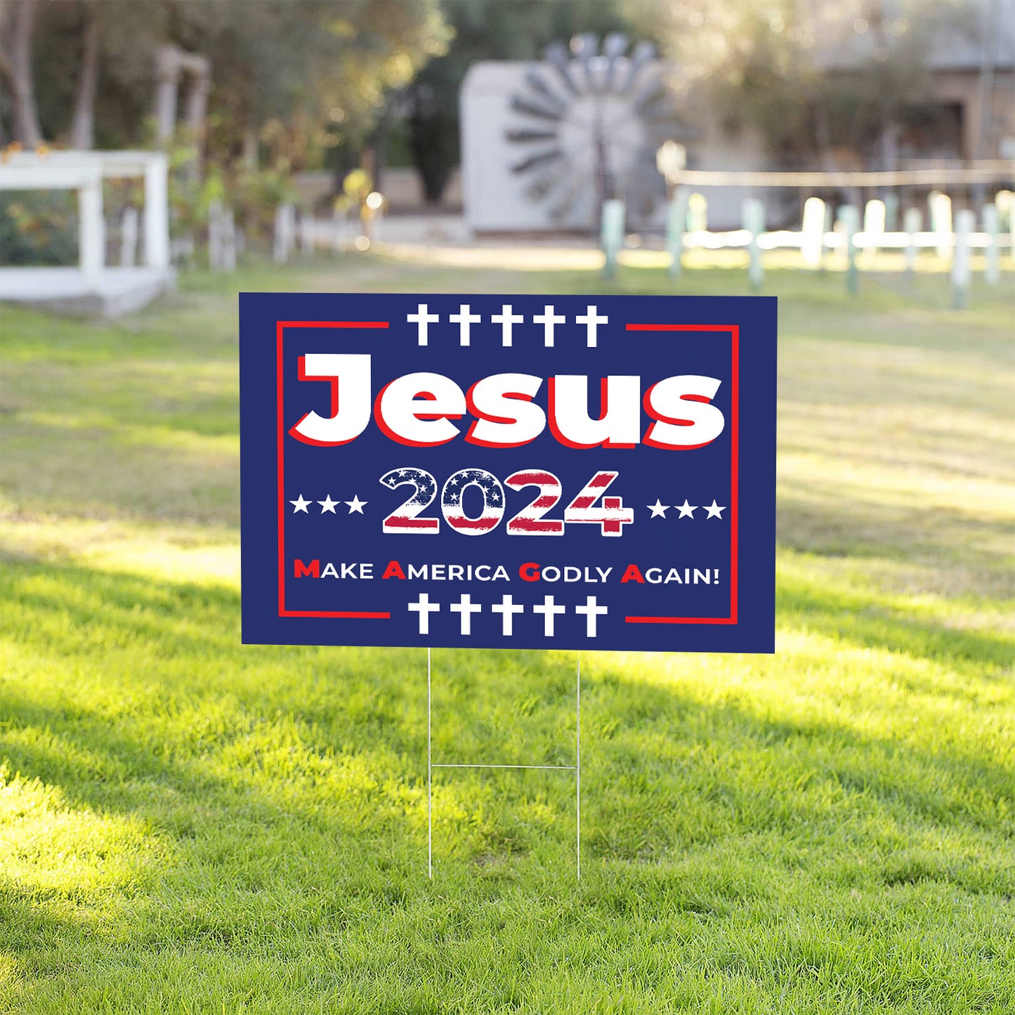 Teesdily | American Flag Yard Sign, Jesus 2024 Make American Godly Again Garden Outdoor Sign, American Flag Sign, Jesus Yard Decor, Patriot Gift