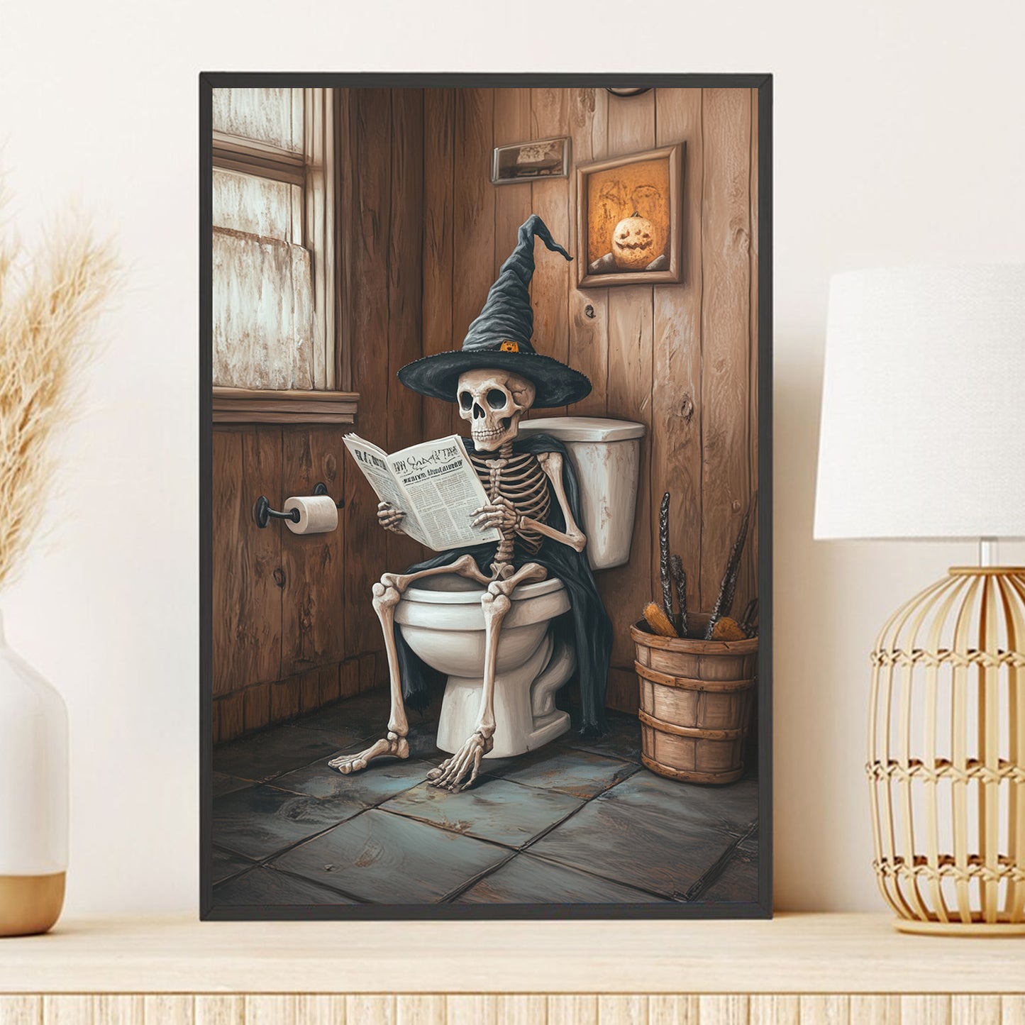 Teesdily | Skeleton On Toilet Art Poster, Halloween Skeleton In Bathroom Canvas, Gothic Skeleton Decor Wall, Funny Skeleton Poster