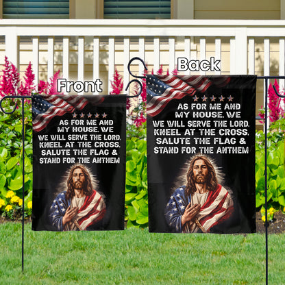 Teesdily | Jesus American Garden Flag, As For Me And My House, We Will Serve The Lord House Flag, American Patriotic Flag, Jesus Outdoor Decor Gift