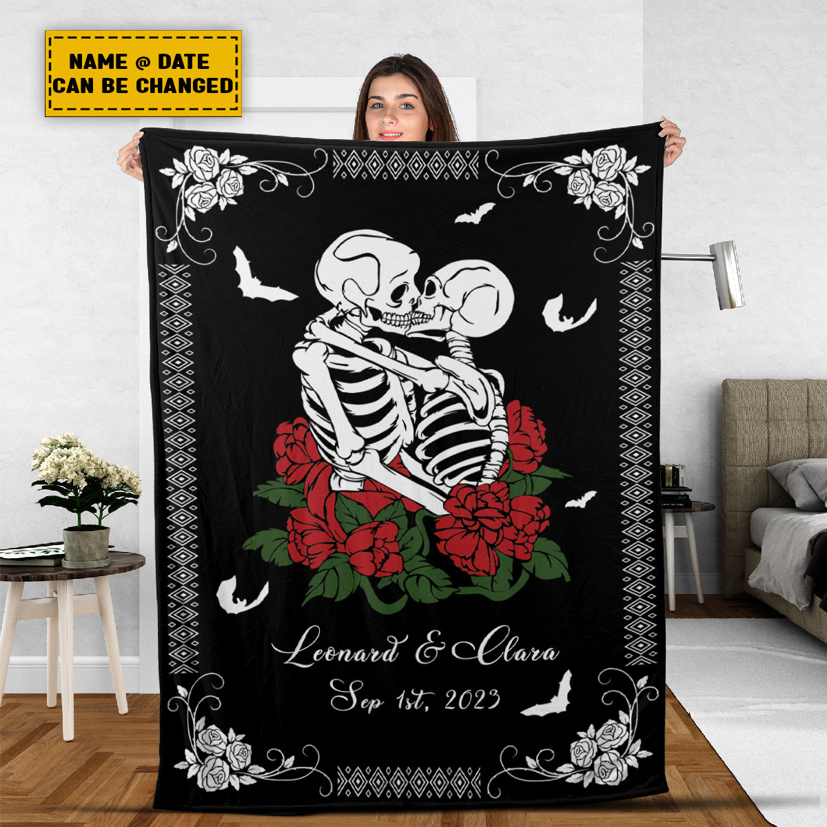 Teesdily | Personalized Skull Throw Blanket Custom Spooky Skeleton Rose Together Forever Fleece Blanket Gothic Skeleton Halloween Couples Funny Gifts