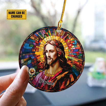 Teesdily | Jesus Portrait Stained Glass Print Ornament, Jesus Christ Sunflower Car Hanger Ornament, Jesus God Colorful Rear View Mirror Accessories