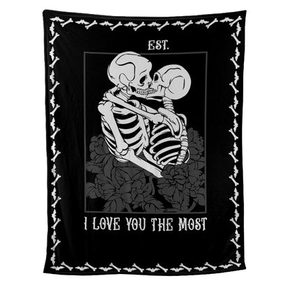 Teesdily | Skull Couple Personalized Fleece Blanket I Love You The Most Sofa Blanket Halloween Throw Spooky Skull Decor Goth Halloween Custom Gifts