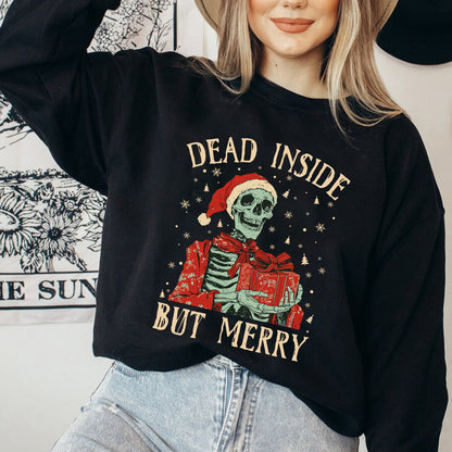 Teesdily | Christmas Skeleton Shirt, Dead Inside But Merry Christmas Sweatshirt Hoodie Mug, Skeleton Santa Tee, Christmas Gift