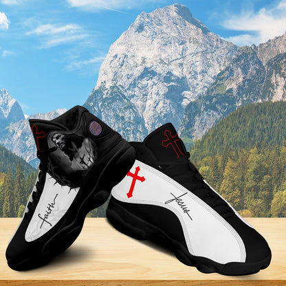 Teesdily | Jesus Art Faith Red Cross Basketball Shoes, Jesus Faith Running Shoes, Christian Unisex Basketball Shoes, Faith Believers Gifts