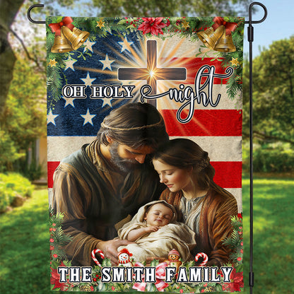 Teesdily | Customized Nativity Of Jesus Holy Family American Flag House, Oh Holy Night Christmas Garden Flag Decoration Yard