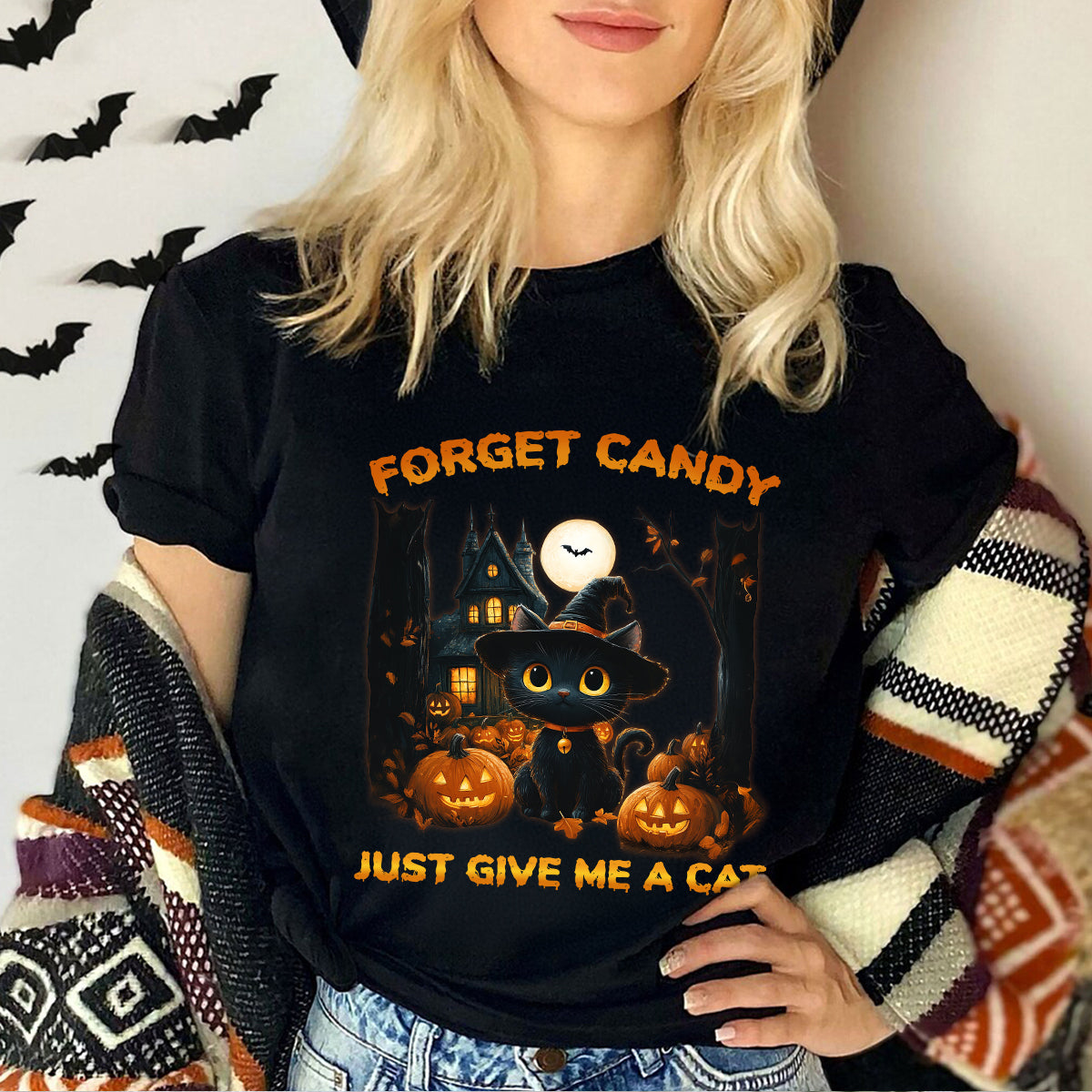 Teesdily | Halloween Cute Cat Shirt, Forget Candy Just Give Me A Cat Tee Sweatshirt Hoodie Mug, Halloween Cat Lovers Gifts, Cat Halloween Moon Shirt