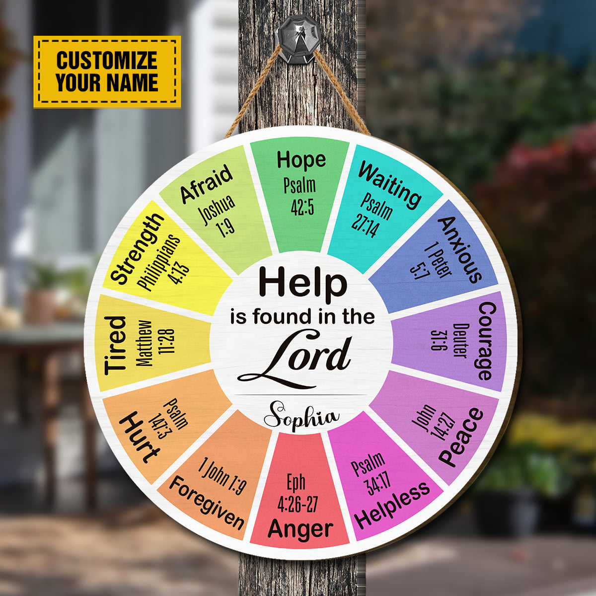 Teesdily | Personalized God Bible Verse Emotion Wheel Wood Sign Help Is Found In The Lord House Door Sign Decor Christian Custom Gift Ideas