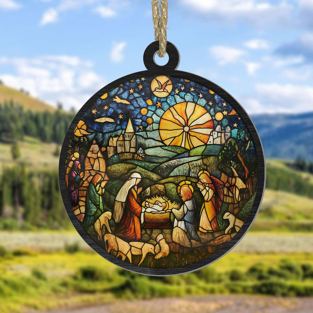 Teesdily | Jesus Suncatcher Ornament Christmas, Stained Glass Nativity Of Jesus Christ Ornament Suncatcher, Religious Faith Gift, Christmas Decor